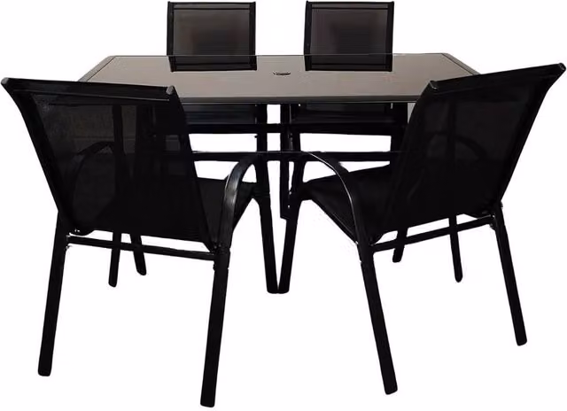 FORGEVIO Modern Garden Dining Set with Rectangular Glass Table and Chairs in Matt Black Powder Coated Steel – 1