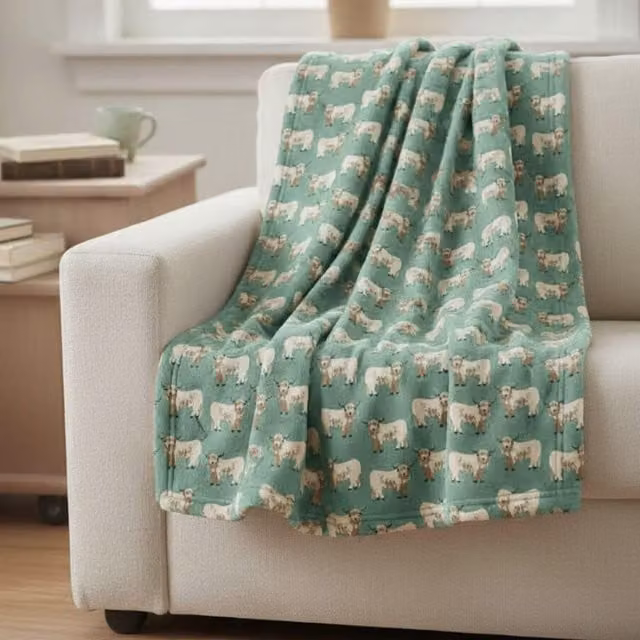 HomeSpace Direct Fluffy Green Highland Cow Animal Fleece Throw Blanket