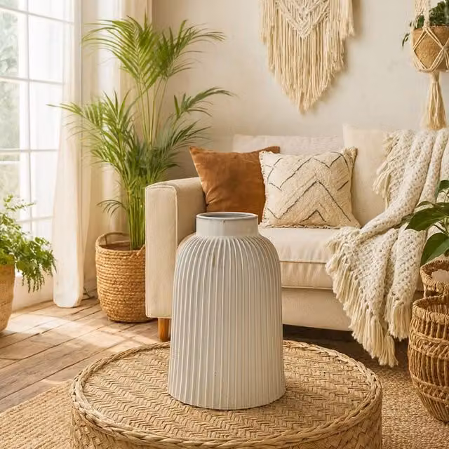 Wyld Haus Forge Large White Striped Ceramic Bell Vase, H: 30.0 cm, W: 19.0 cm, D: 19.0 cm