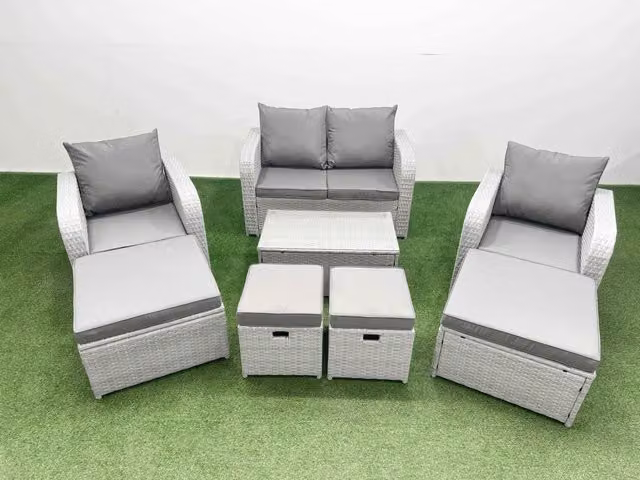 Fimous 8 Piece Modern Garden Furniture Set in Light Grey with Rectangular Coffee Table, 2 Seater Sofa, Lounge Armchairs and Ottoman