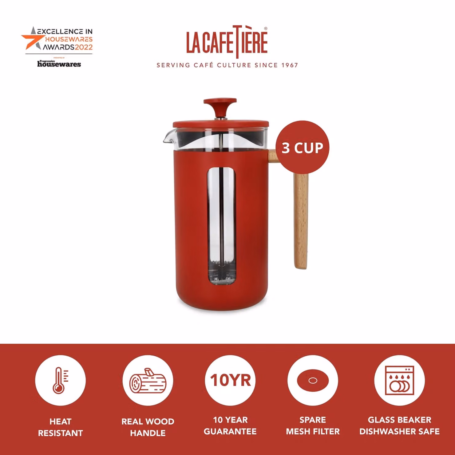La Cafetiere Pisa Stainless Steel French Press Cafetiere, Red, 350ml – 3