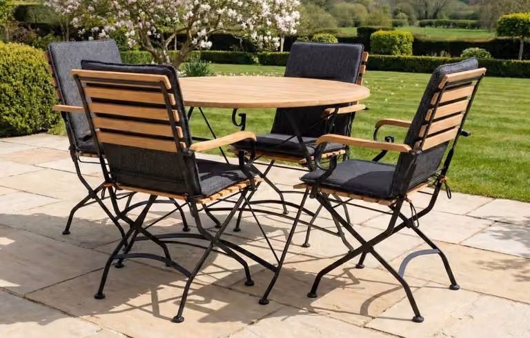 MINT Outdoor Sicily 4 Seater Teak and Wrought Iron Round Garden Dining Set, Diameter: 110 cm, Black and Brown