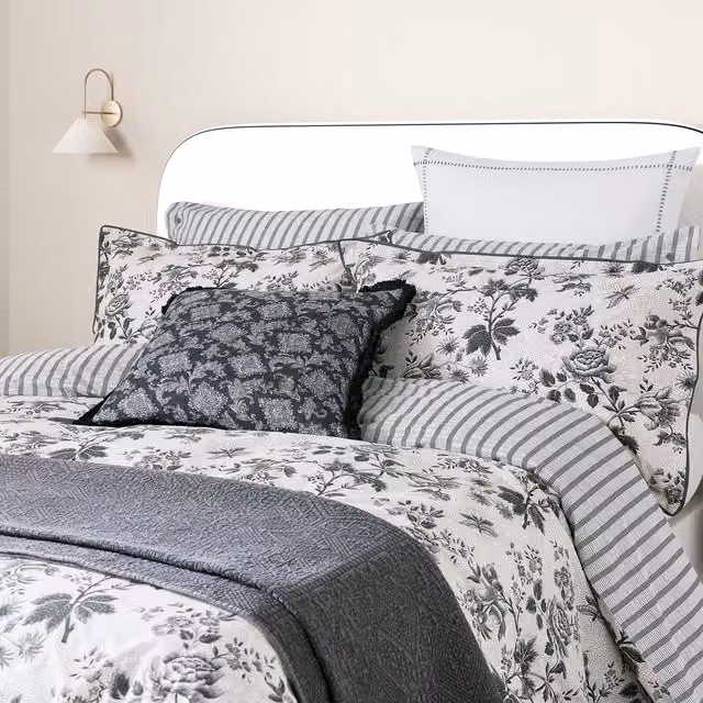 Bedeck of Belfast Florence Kingsize Cotton Percale Duvet Cover and Pillowcase Set, Chalk/Charcoal, W: 180 x L: 200 cm – 1