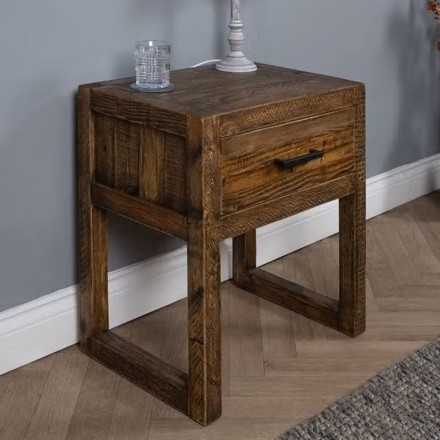 Elm Home And Garden Rustic Reclaimed Pine Bedside Cabinet in Brown