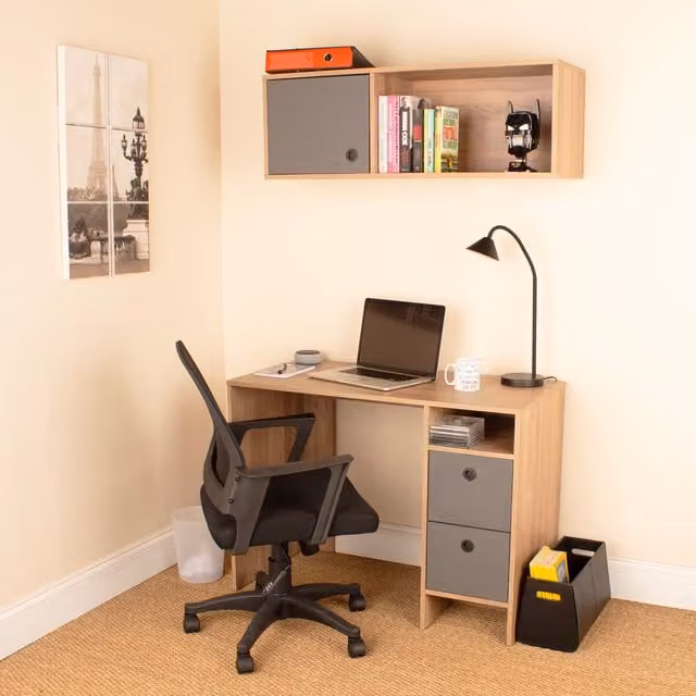 Vegas Home Office Desk, Wall Unit and Chair Set in Bleached Oak and Grey