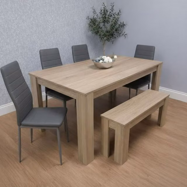 Kosy Koala Oak Dining Set with Rectangular Table, 4 Metal Faux Leather Chairs and 1 Bench in Grey and Black