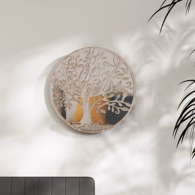Berkfield Home Round Iron Wall Mirror in Beige, Diameter: 60 cm, Depth: 2.5 cm