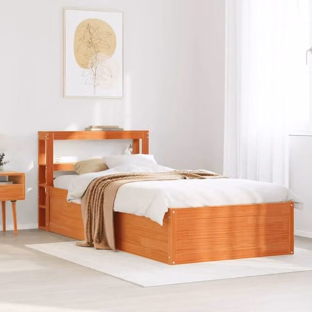 Berkfield Home Sleek Small Single Bed Frame with Headboard and Bedside Shelf in Wax Brown Solid Pine W/D/H: 190 x 75 x 82 cm – 1