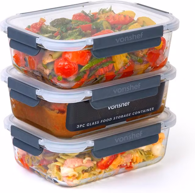 VonShef 3 Piece Meal Prep Glass Containers with Leakproof Snap Lids, Transparent