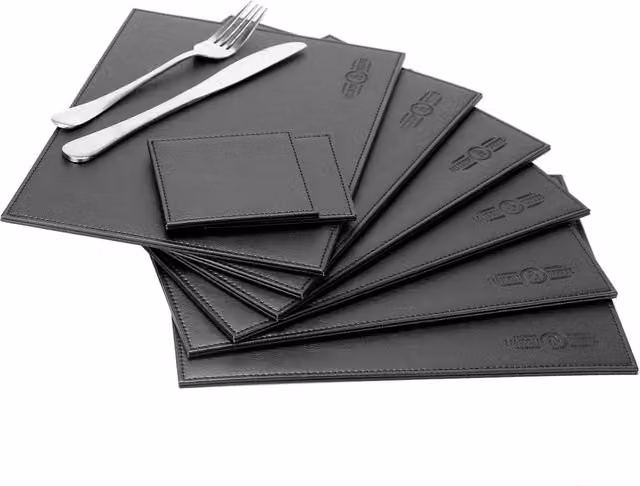 Maison and White Faux Leather Placemats and Coaster Set, Black