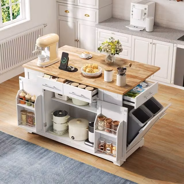 Matteo Large Mobile Kitchen Island Prep Station in White Wood Effect – 1