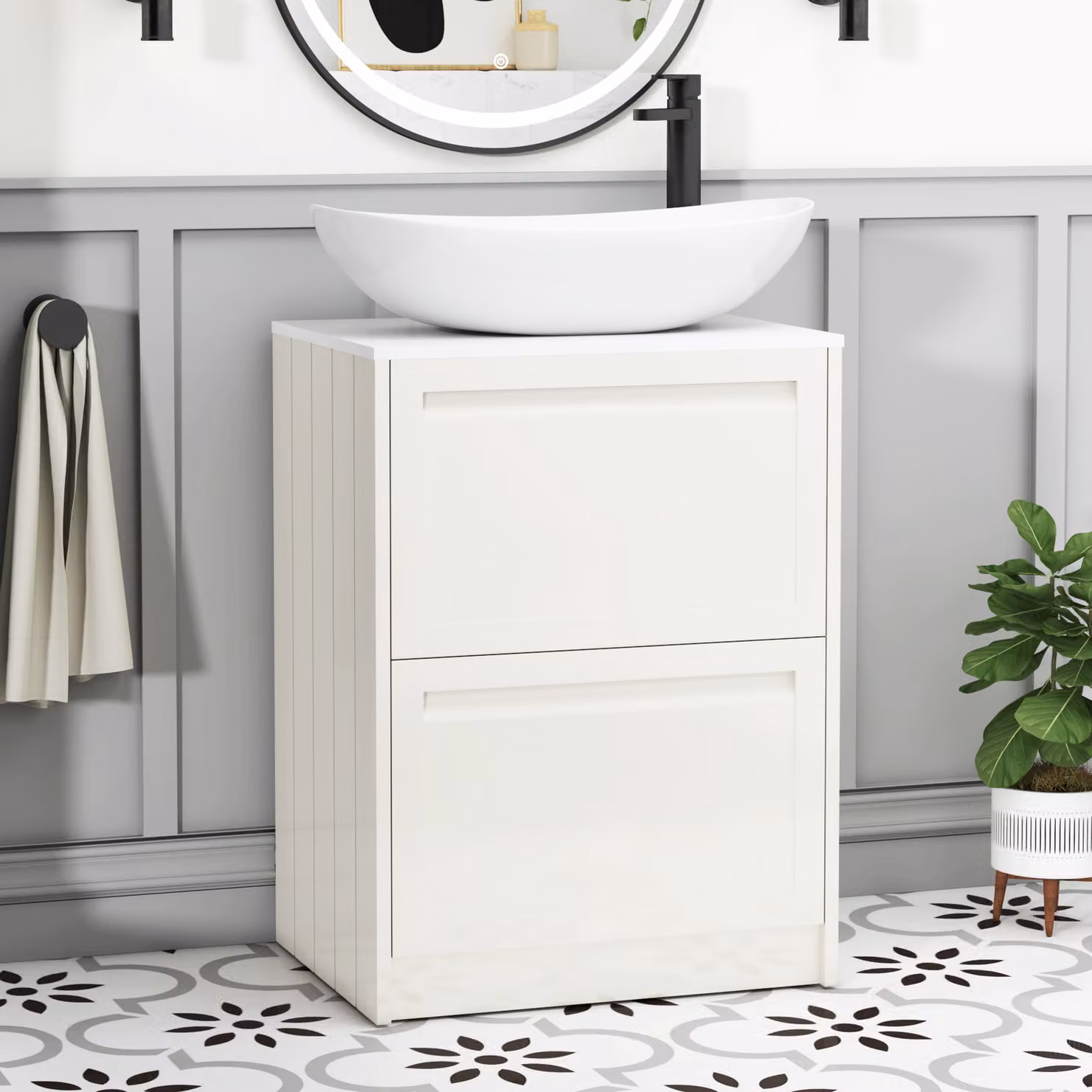 Royal Bathrooms Elmore Classic White Floor Standing 2 Drawer Vanity Unit with Cesar Basin, Width: 60 cm