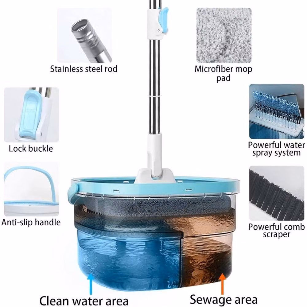 NESTLUNE 2.5L Spin Mop and Bucket Set with Stainless Steel Handle in Blue – 3