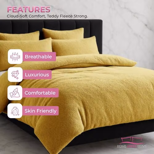 Home Sweet Home UK Teddy Bear Fleece Duvet Cover and Pillowcase Set in Yellow Ochre – 4
