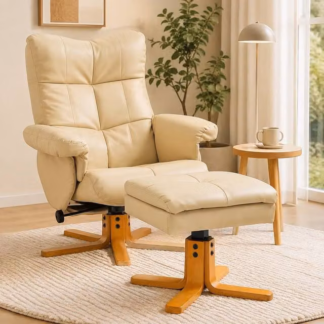 STILVORA Beige Synthetic Leather Recliner Chair with Integrated Storage and Ottoman – 1