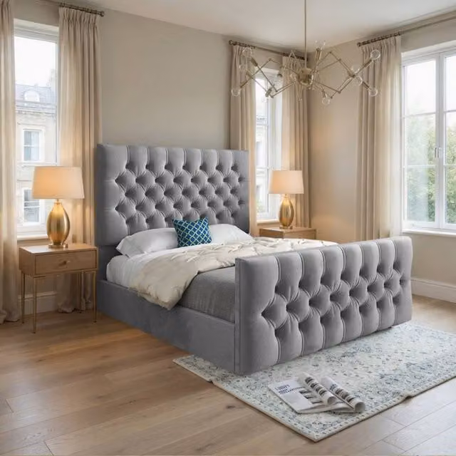 KDMD Workington Grey Velvet Upholstered Chesterfield Designer Bed Frame, W/D/H: 90 x 200 x 137 cm