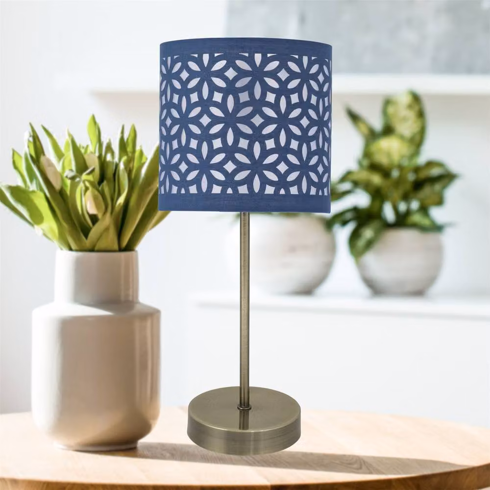 First Choice Lighting Set of 2 Antique Brass Stick Table Lamps with Blue Fabric Shades in Bronze and Gold – 3