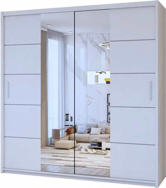 Modern White Sliding Door Wardrobe with Mirror, Width: 180 cm
