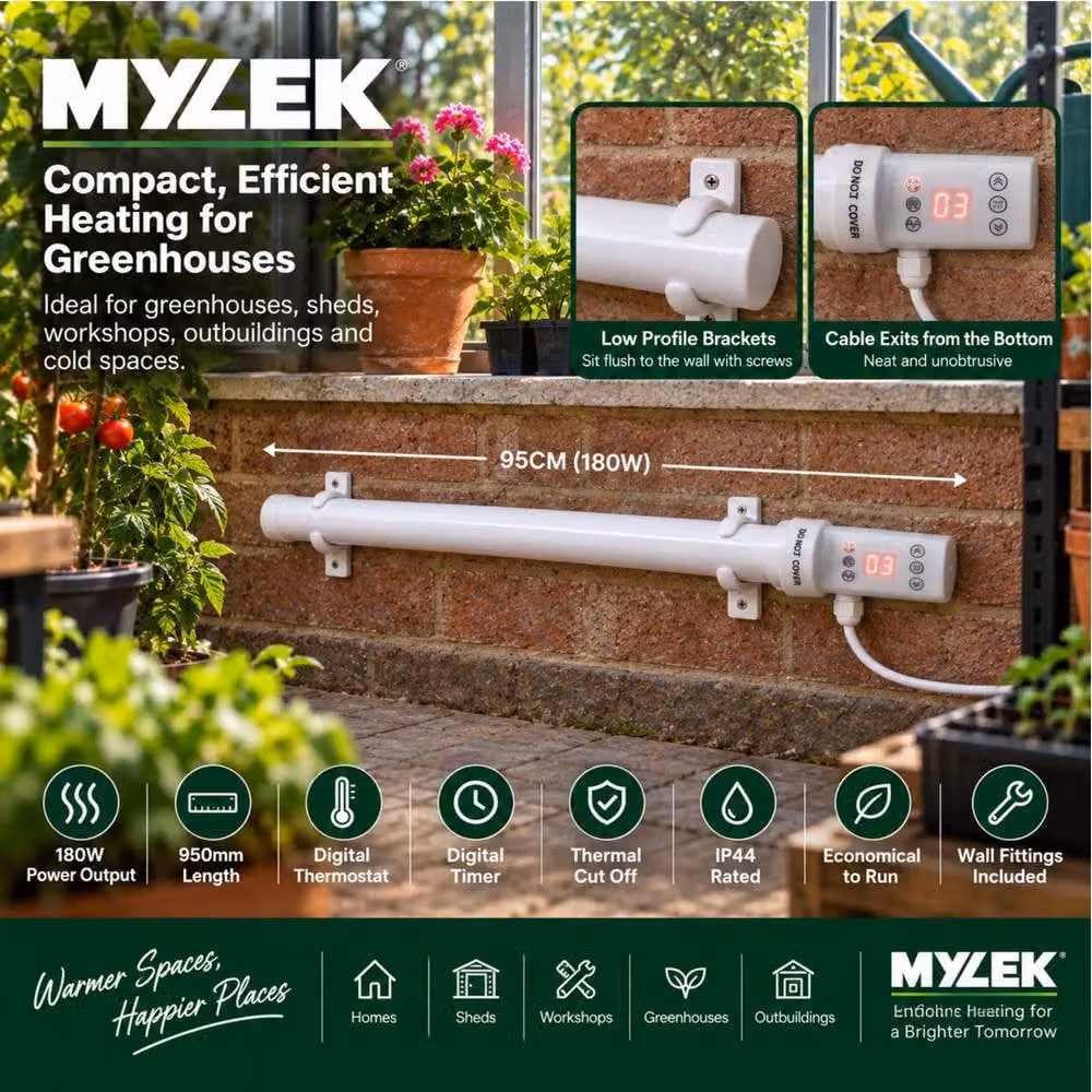 MYLEK 180W White Wall Mounted Infrared Tubular Heater with Digital Timer and Frost Protection – 7