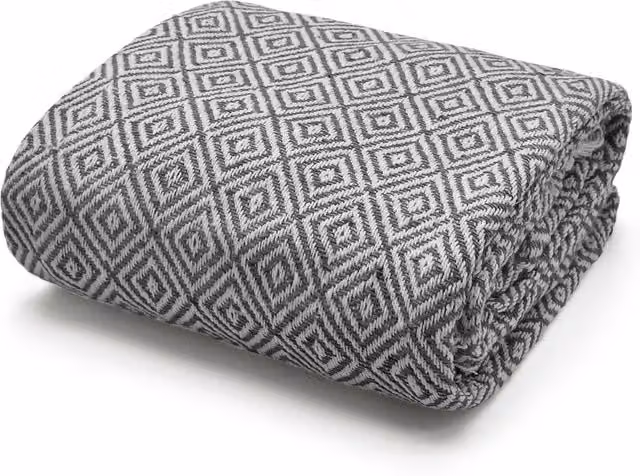 Velosso Woven Cotton Indian Diamond Pattern Throw with Fringes, Anthracite Grey, W: 178 cm, L: 254 cm