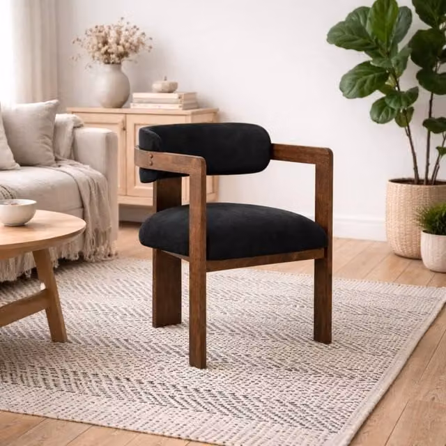 Wyld Haus Thurles Black Velvet Upholstered Dining Chair with Walnut Frame, H 74 x W 54 x D 53 cm, H 74 x W 54 x D 54 cm, H 74 x W 53 x D 53 cm – 1