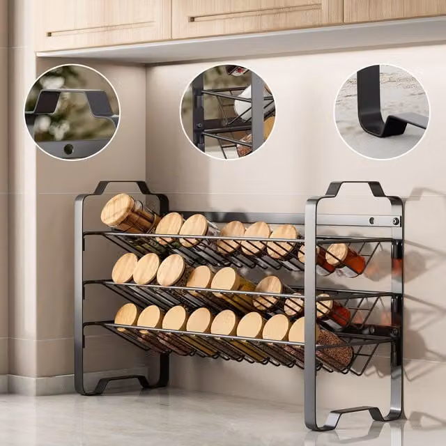 Xample 2 Tier Metal Spice and Herb Jar Rack Free Standing Kitchen Storage Organiser in Black