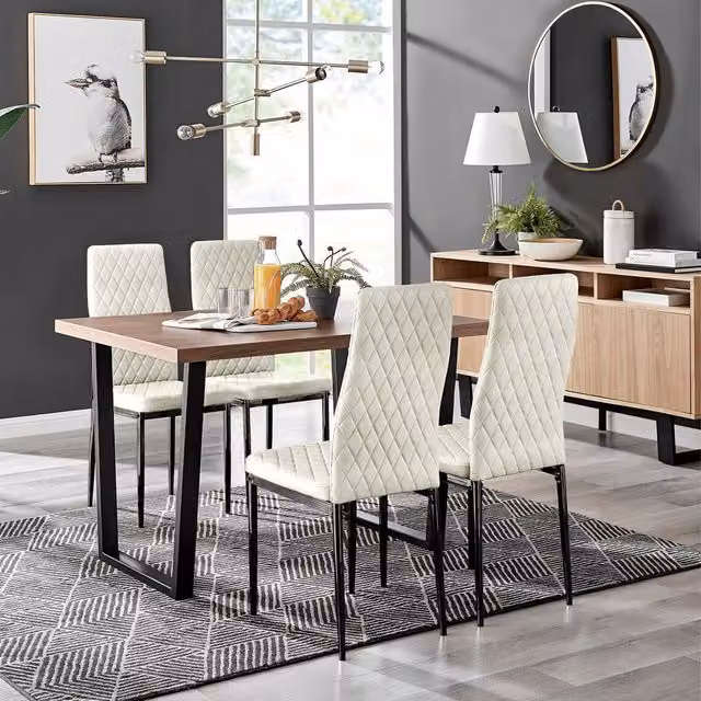 FurnitureboxUK Kylo Brown Wood Effect Dining Table and 4 Cream Velvet Milan Chairs with Black Legs