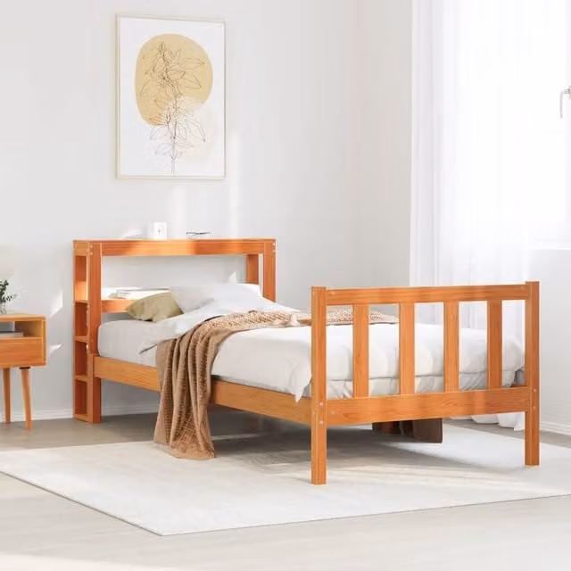 Berkfield Home Small Single Pine Bed Frame with Headboard and Side Compartments in Wax Brown, W/D/H: 75 x 190 x 75 cm – 1