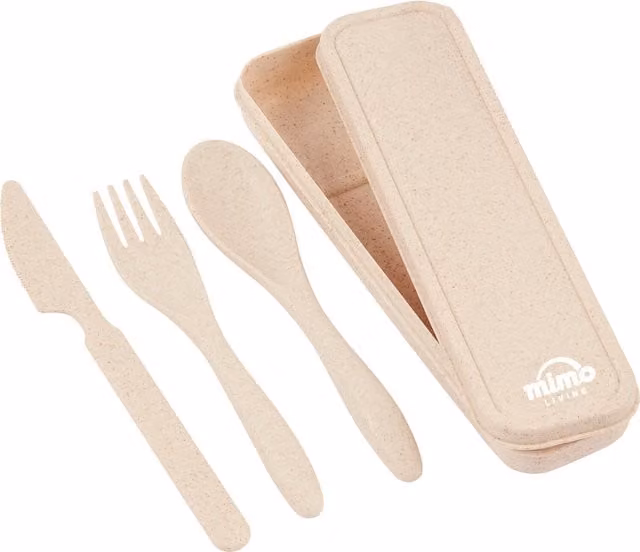 Orsina Mimo 3 Piece Natural Wheat Straw Travel Cutlery Set in Beige and Brown with Case