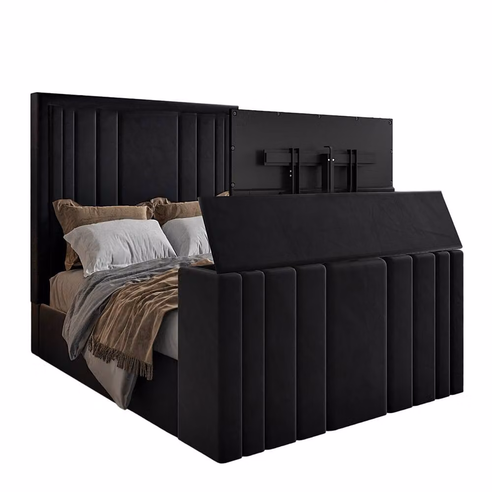 KDMD Artlebeck Bespoke Double Bed Frame with Upholstered Black Velvet and Lift Up Base, W/D/H: 140 x 200 cm – 2