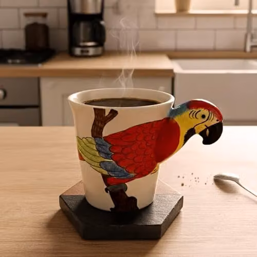 Handmade Ceramic Parrot Design Mug in White and Multicolour with 3D Handle – 6