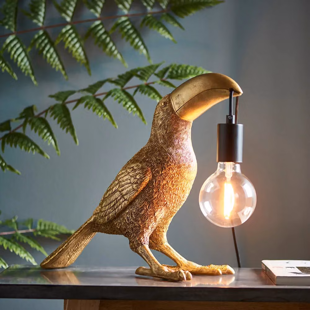 Loops 2 Pack Vintage Gold and Black Toucan Table Lights with Resin Figures and Matt Black Lamp Holders – 2