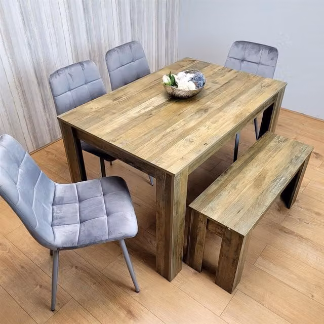 Kosy Koala Modern Rustic Dining Furniture Set with Brown Wooden Table, 4 Grey Velvet Chairs and Bench