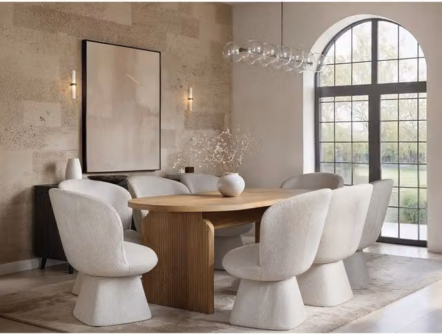 Solace+Co Varm Wooden Ribbed Dining Table and 8 Aiko Chairs Set in Brown and White