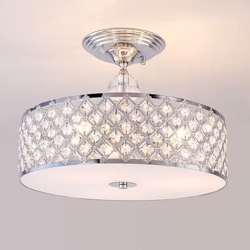 Harper Living Modern Semi Flush Mount Ceiling Light, 3-Light Crystal Drum Chandelier in Polished Chrome