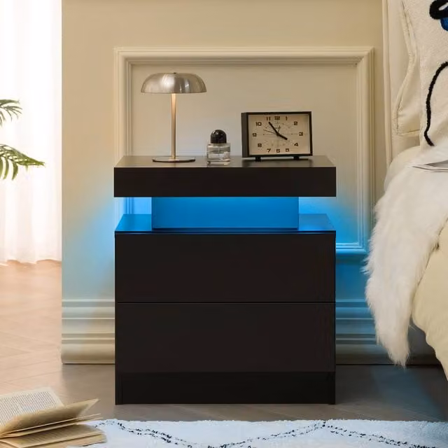 Matteo Modern Black LED Bedside Table with 2 Drawers – 1