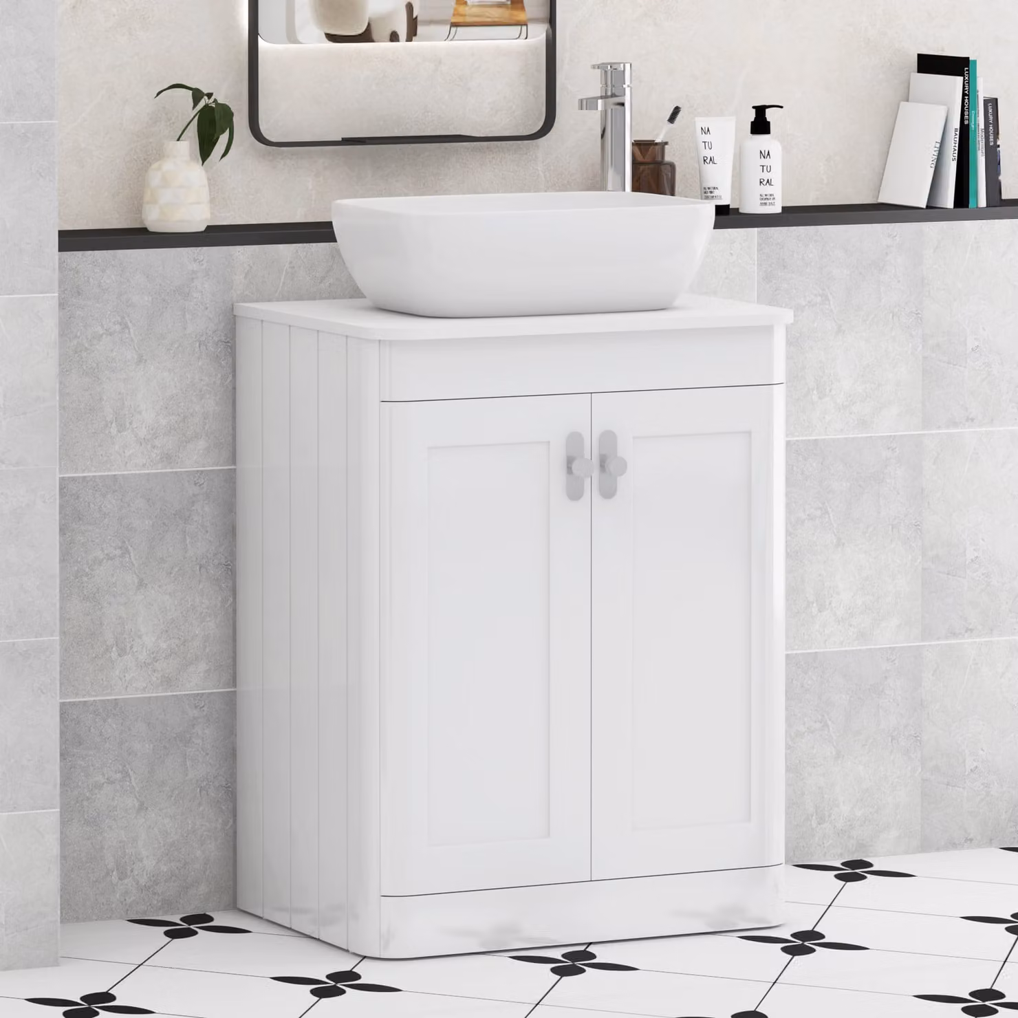 Royal Bathrooms Henley 600mm Gloss White Floor Standing 2 Door Vanity Unit with Elva Basin and Chrome Knob
