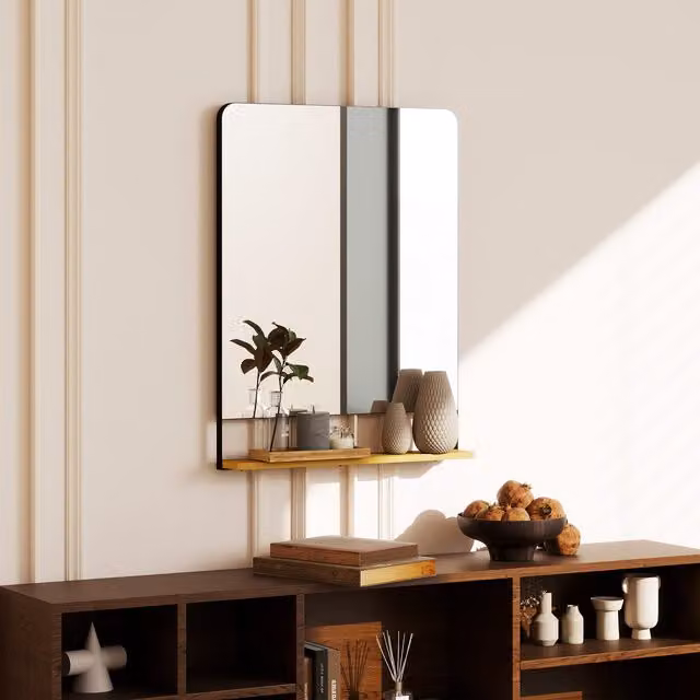 HOMCOM Industrial Rectangular Wall Mirror with Wood Shelf in Black
