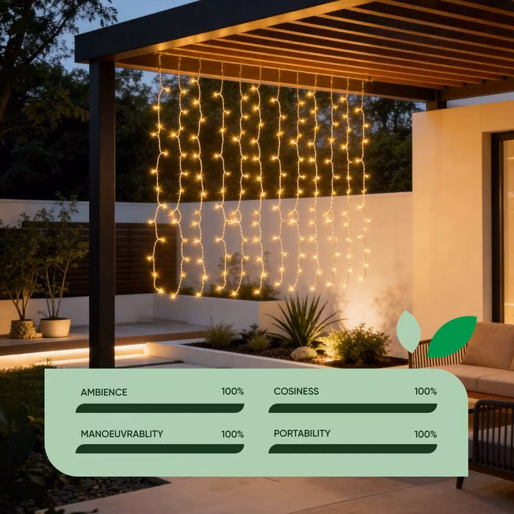 Gardenwize Solar LED Curtain Lights with 192 Warm White Lights in Transparent White – 3