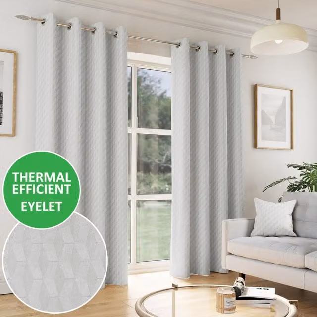 Enhanced Living Tokyo Grey Velvet Embossed Eyelet Thermal Darkening Curtains, Pair, H: 229 cm x W: 183 cm