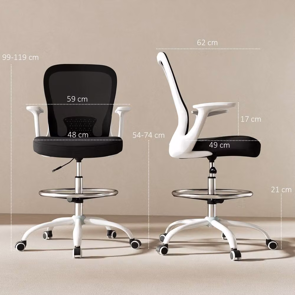 STILVORA Black Draughtsman Chair with Flip-up Armrests, Foot Ring and 360 Degree Swivel – 3