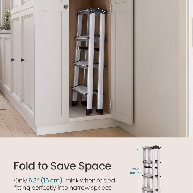 SONGMICS 4 Step Aluminium Ladder with Non-Slip Steps in Silver