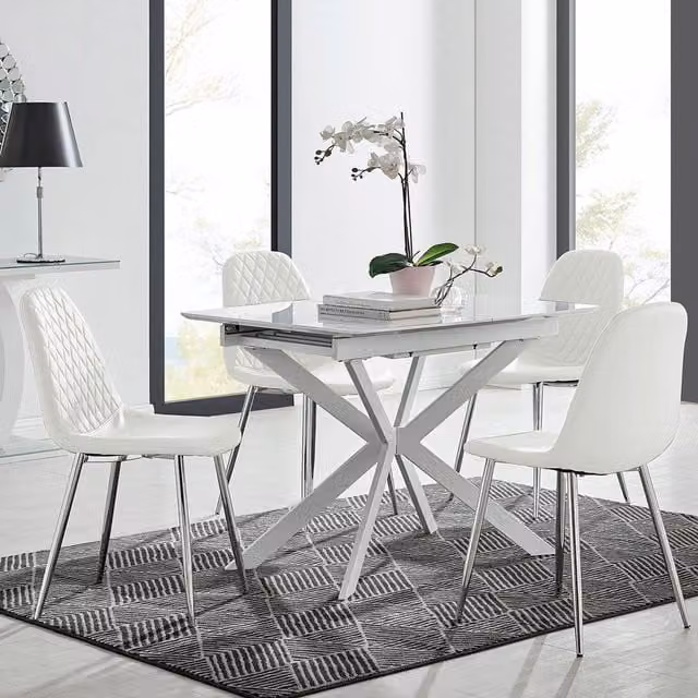 FurnitureboxUK LIRA 100 Extending White Glossy Glass Kitchen Dining Table and 4 Corona Silver Leg Chairs