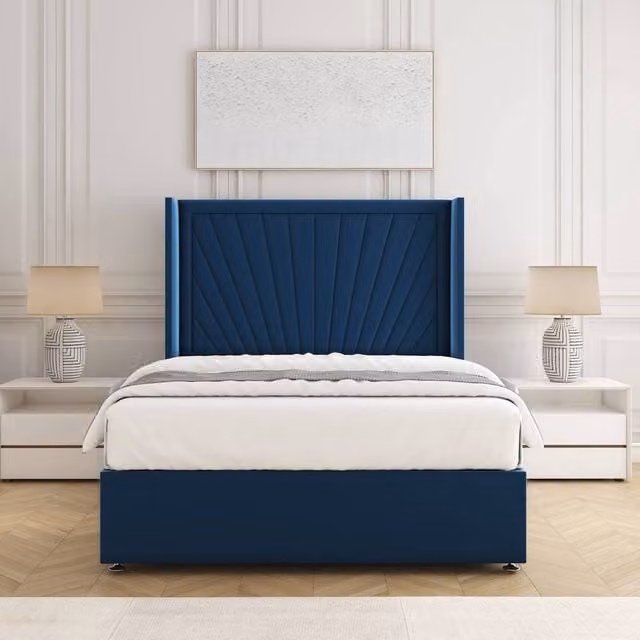 BSSPOKE Alina Divan Bed Set with 54 inch Headboard and Mattress in Blue Plush Velvet, Super King, W/D/H: 200 x 200 cm