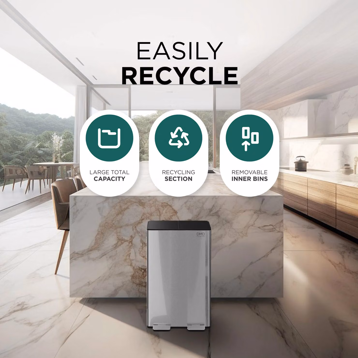 DMD Collective 60L Stainless Steel Double Kitchen Waste and Recycling Bin with Soft Close and Fingerprint Proof Finish in Silver – 3