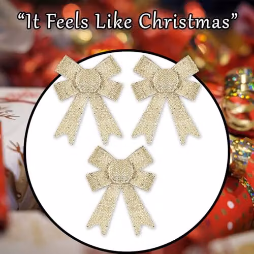 VFM e-Store Tinsel Bows Christmas Decorations in Gold and Beige, Pack of 3, W/D/H: 10 x 13 x 3 cm – 6