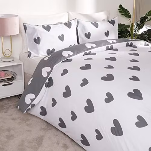 OHS Love Heart Reversible Printed Duvet Cover and Pillowcase Set in Grey and White, W/D/H: 180 x 200 cm