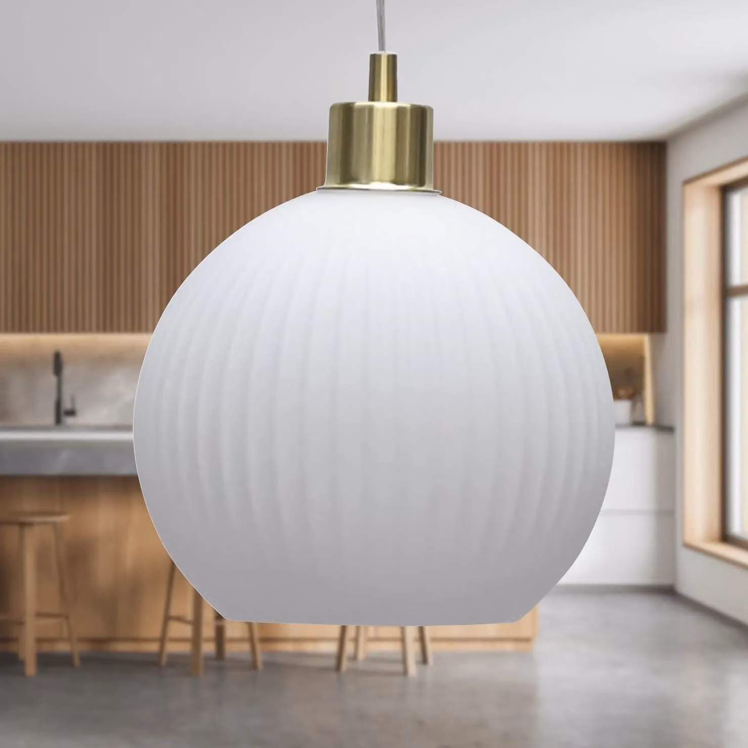 First Choice Lighting Betchley White Ribbed Glass Sphere Pendant Light with Satin Brass Fitting – 2