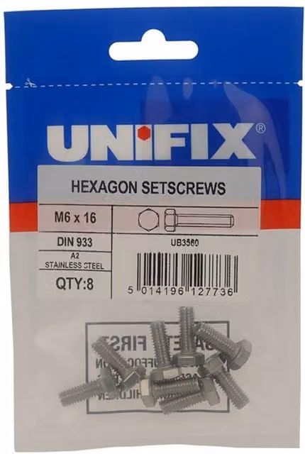 Unifix A2-70 Stainless Steel Hexagon Setscrews in Silver, M4 x 25 mm x 8 mm