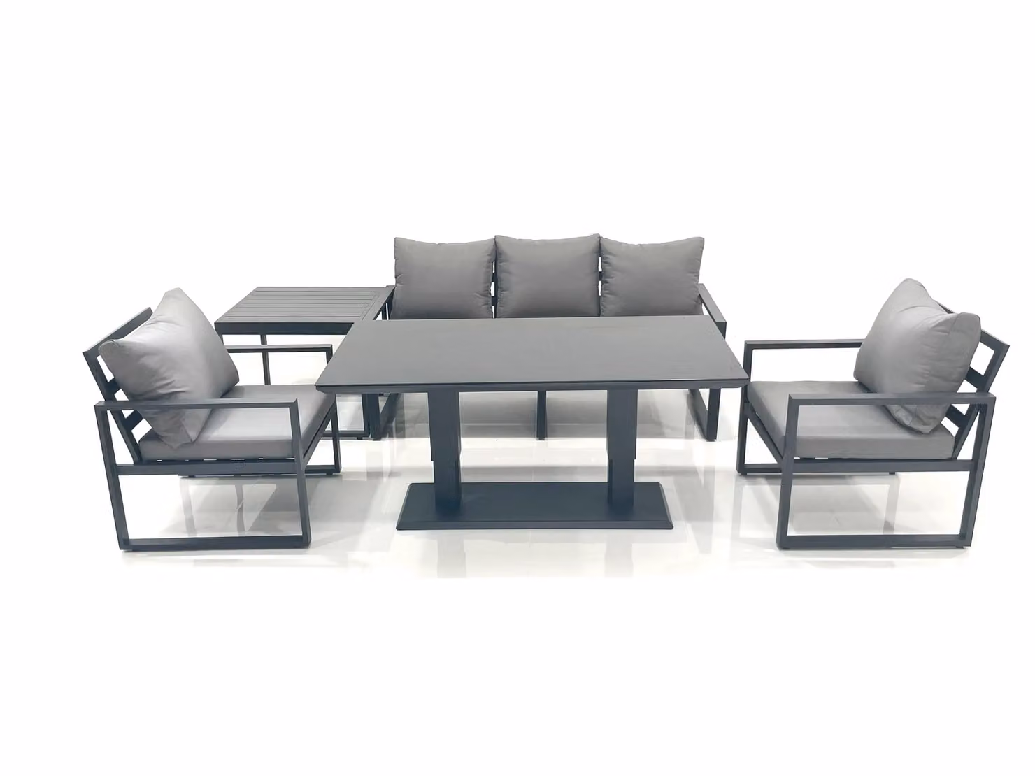 Fimous Outdoor Aluminium Garden Furniture Set in Dark Grey with Adjustable Rising Lifting Dining Table, 3 Seater Sofa, 2 Chairs and Side Table – 2
